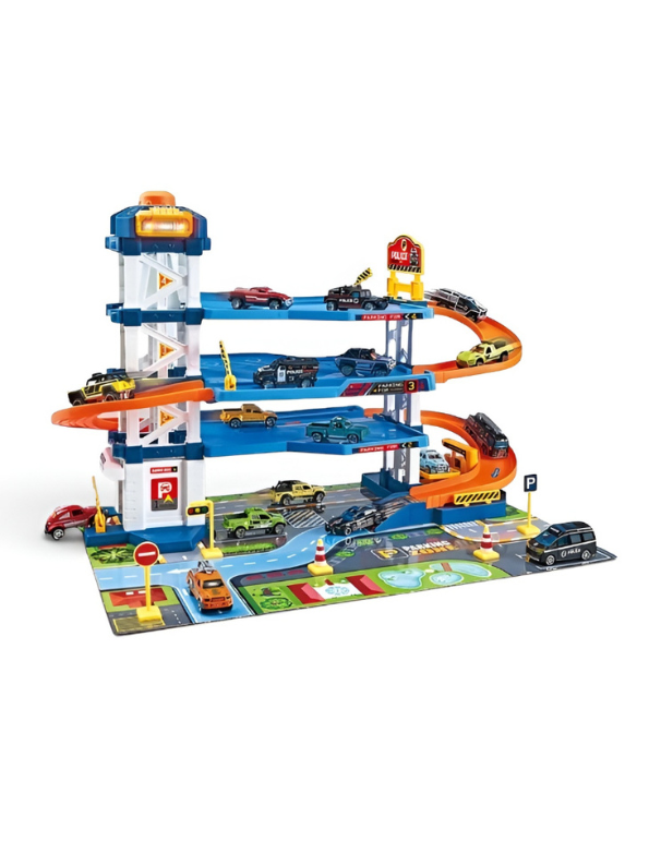 Police Car Garage Playset with Parking Tower, Spiral Ramp & Cars NX15618.