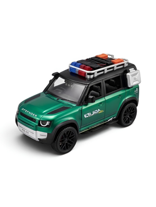Diecast Land Rover Defender Toy Car - Green Police & Off-Road SUV Model with Roof Rack, Sound & Light Effects for Kids and Collectors NX15387