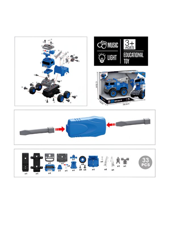 Police Engineering Truck Educational Toy - 33 Pcs DIY STEM Educational Vehicle with Light & Music for Kids NX15613.