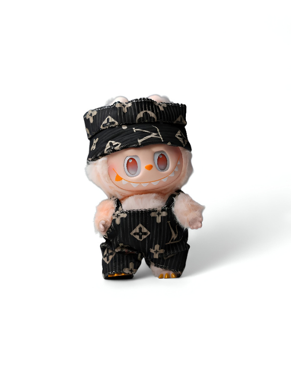 Pop Mart Labubu Doll in Luxe Monogram Outfit | Designer Style Plush Art Toy | Collectible Fashion Figure with Overalls & Hat.