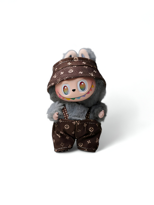 Brown - Pop Mart Labubu Doll in Luxe Monogram Outfit | Designer Style Plush Art Toy | Collectible Fashion Figure with Overalls & Hat.