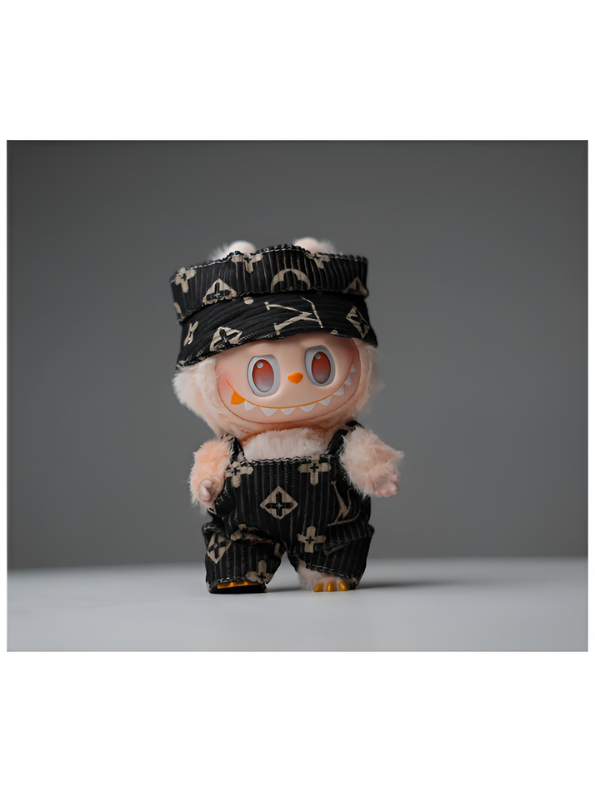 Pop Mart Labubu Doll in Luxe Monogram Outfit | Designer Style Plush Art Toy | Collectible Fashion Figure with Overalls & Hat.
