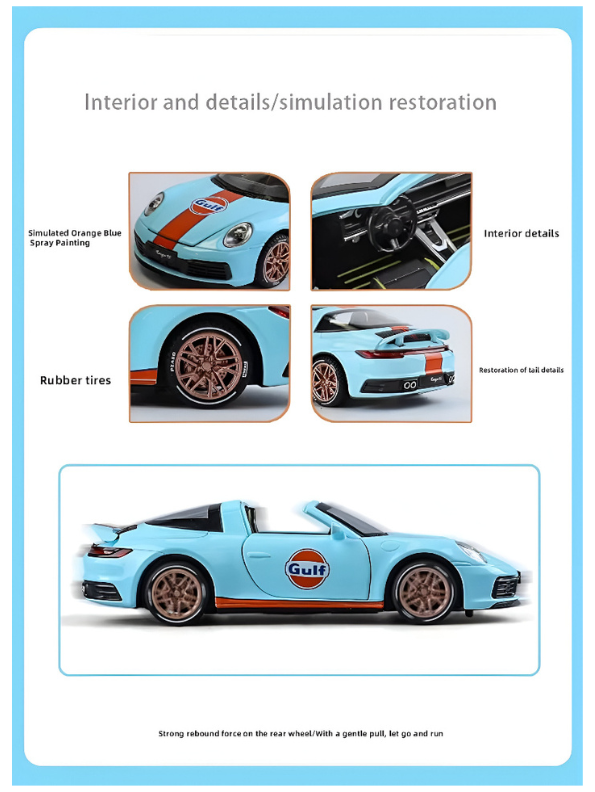 Porsche 911 Targa 4S 1:32 Scale Alloy Diecast Car Model Toy – Metal Collectible Vehicle Blue LMI16116.