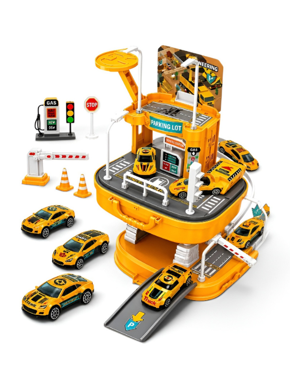 Portable 2-in-1 Engineering Car Garage Suitcase Play Set | Multi-Tier DIY Parking Lot Track Toy with Die-Cast Vehicles & Accessories for Toddlers TV6777
