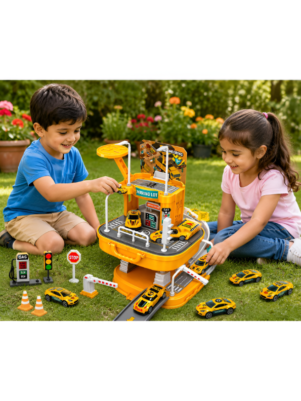 Portable 2-in-1 Engineering Car Garage Suitcase Play Set | Multi-Tier DIY Parking Lot Track Toy with Die-Cast Vehicles & Accessories for Toddlers TV6777