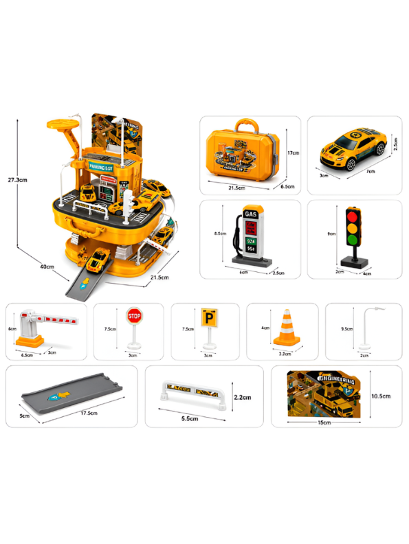 Portable 2-in-1 Engineering Car Garage Suitcase Play Set | Multi-Tier DIY Parking Lot Track Toy with Die-Cast Vehicles & Accessories for Toddlers TV6777