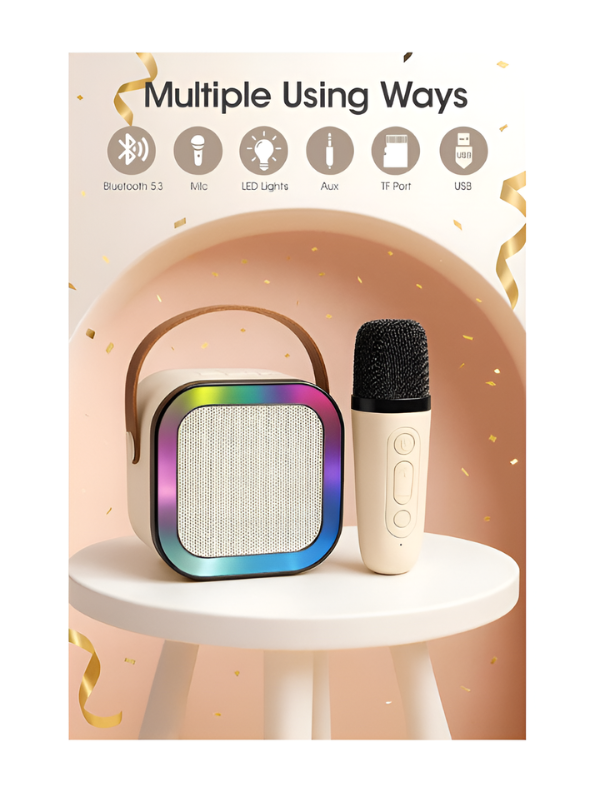 Portable Beige Bluetooth Karaoke Machine Toy with Wireless Dynamic Mic - Mini Kids Singing Speaker with Magic Voice TV4048