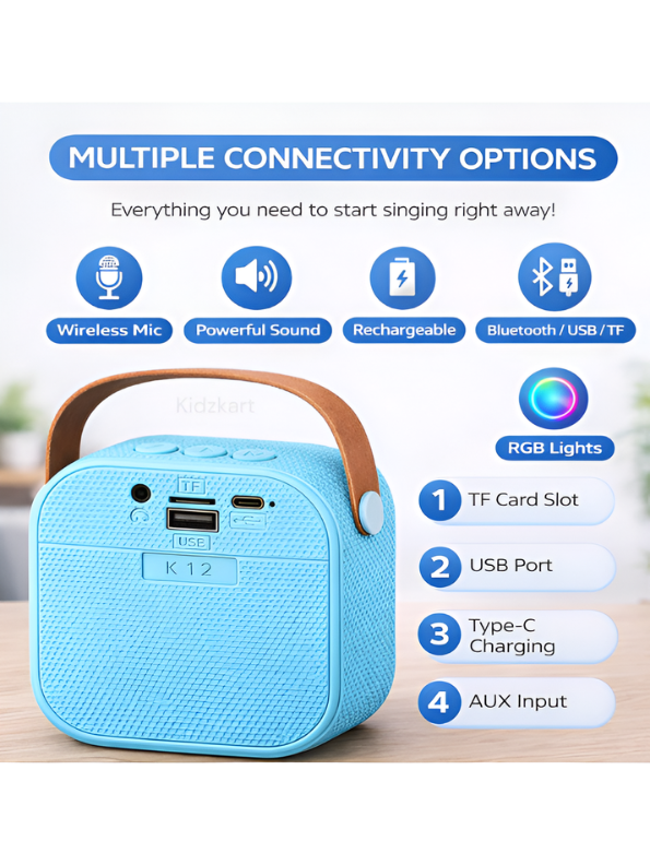Portable Blue Bluetooth Karaoke Machine Toy with Wireless Dynamic Mic - Mini Kids Singing Speaker with Magic Voice TV4048