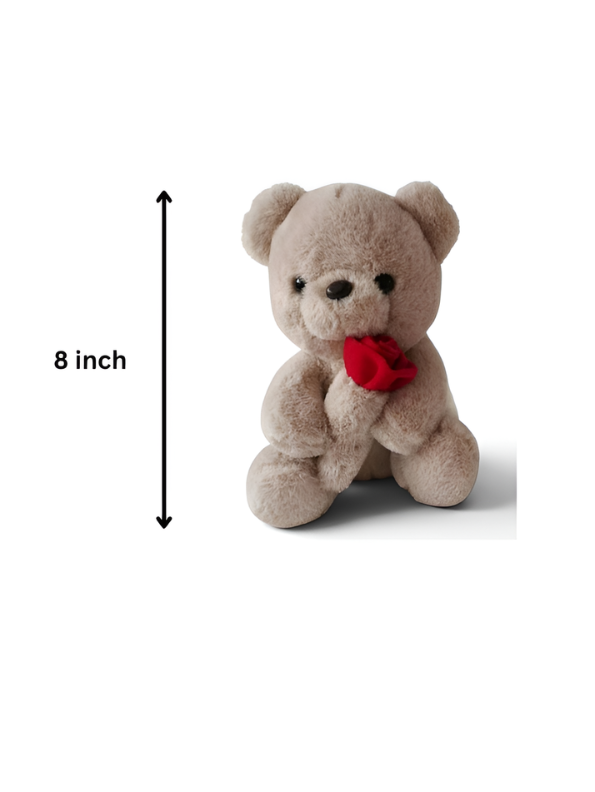 Premium Plush Brown Teddy Bear Holding Red Rose 8-Inch – Statement Piece Stuffed Gift ST16757