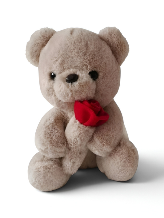 Premium Plush Brown Teddy Bear Holding Red Rose 8-Inch – Statement Piece Stuffed Gift ST16757