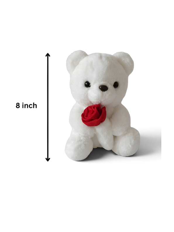 Premium Plush Brown Teddy White Holding Red Rose 8-Inch – Statement Piece Stuffed Gift ST16757