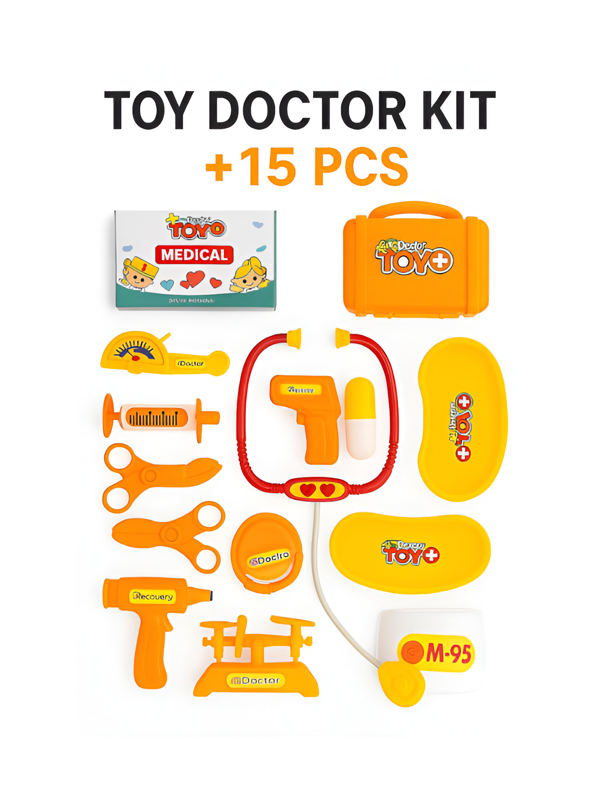 Pretend Play Doctor Set (15+ Pcs) – Medical Kit Toy with Stethoscope, Syringe, Carry Case & Accessories for Toddlers, Yellow LMI13843