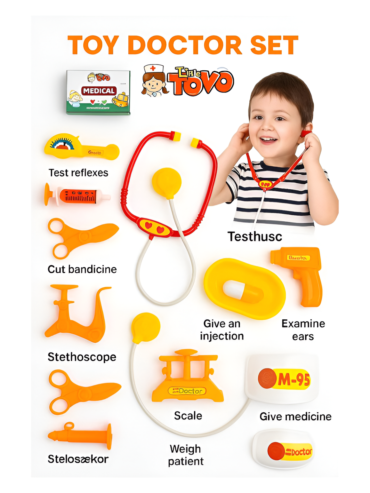 Pretend Play Doctor Set (15+ Pcs) – Medical Kit Toy with Stethoscope, Syringe, Carry Case & Accessories for Toddlers, Yellow LMI13843