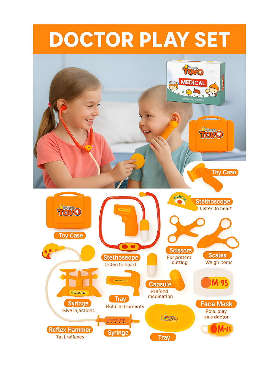 Pretend Play Doctor Set (15+ Pcs) – Medical Kit Toy with Stethoscope, Syringe, Carry Case & Accessories for Toddlers, Yellow LMI13843