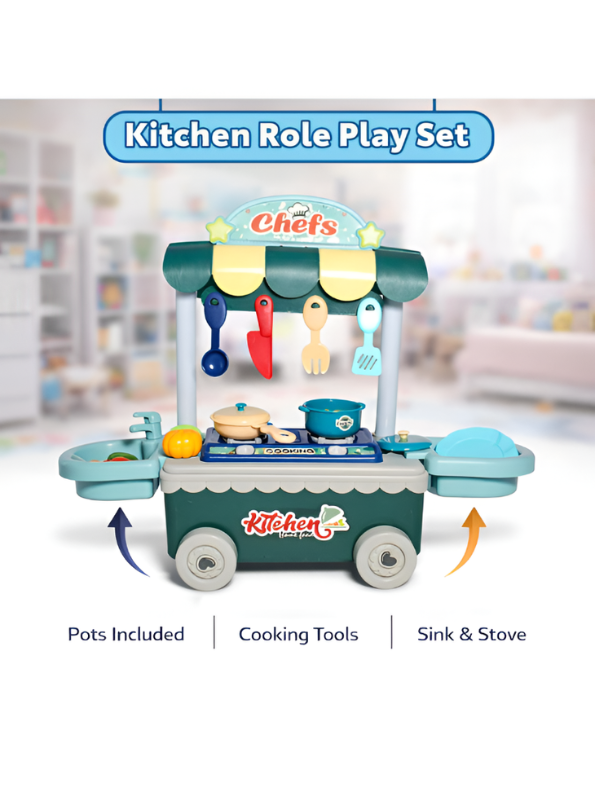 Pretend Play Kitchen Trolley Set with Cooking Utensils and Food Toys (24 Pieces) Kids MD311