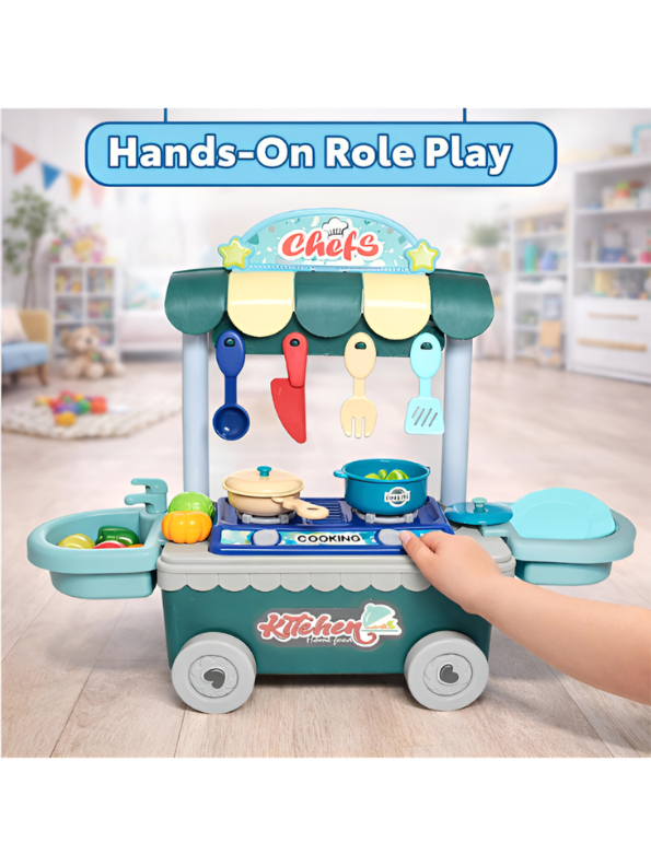 Pretend Play Kitchen Trolley Set with Cooking Utensils and Food Toys (24 Pieces) Kids MD311