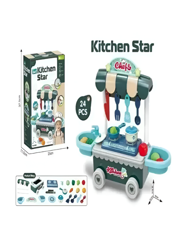 Pretend Play Kitchen Trolley Set with Cooking Utensils and Food Toys (24 Pieces) Kids MD311