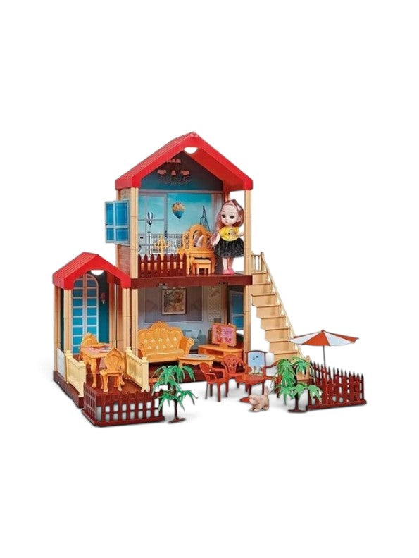 Pretend Play Princess Dollhouse Playset with LED Lights, Stairs, Furniture, Doll & Pet Dog Toy MD743