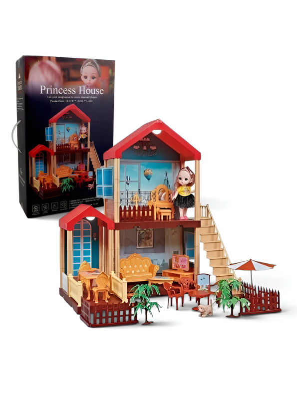 Pretend Play Princess Dollhouse Playset with LED Lights, Stairs, Furniture, Doll & Pet Dog Toy MD743