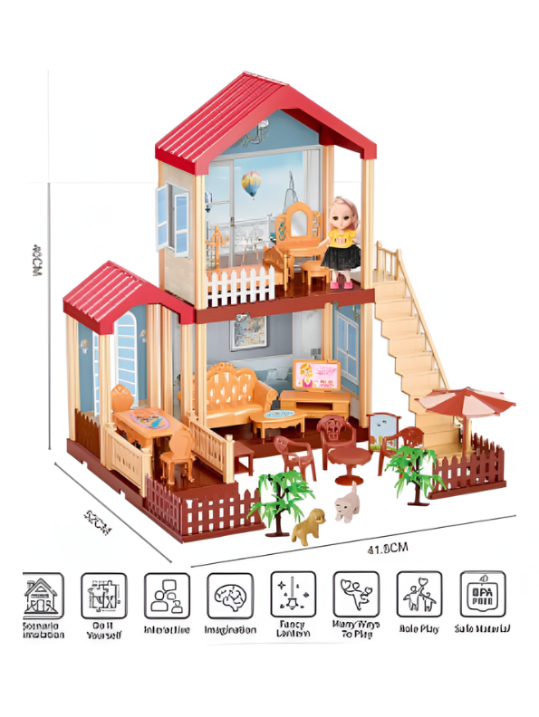 Pretend Play Princess Dollhouse Playset with LED Lights, Stairs, Furniture, Doll & Pet Dog Toy MD743