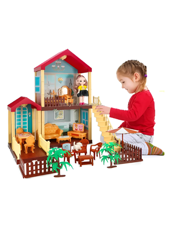 Pretend Play Princess Dollhouse Playset with LED Lights, Stairs, Furniture, Doll & Pet Dog Toy MD743