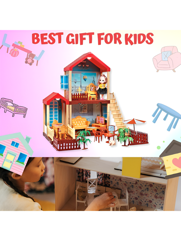 Pretend Play Princess Dollhouse Playset with LED Lights, Stairs, Furniture, Doll & Pet Dog Toy MD743
