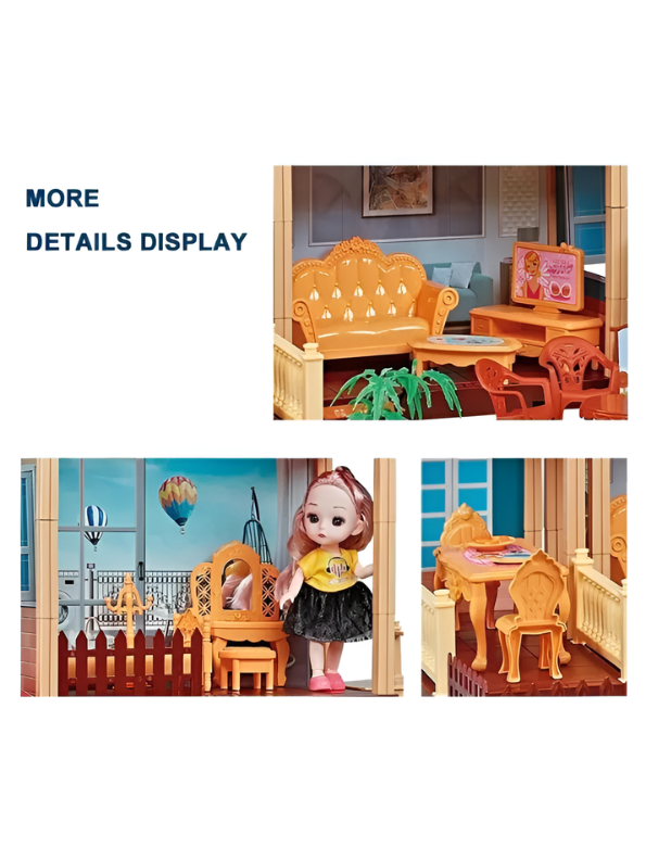 Pretend Play Princess Dollhouse Playset with LED Lights, Stairs, Furniture, Doll & Pet Dog Toy MD743