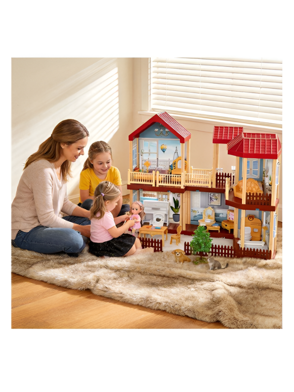 Pretend Play Princess Dollhouse Playset with LED Lights, Stairs, Furniture, Doll & Pet Dog Toy MD743