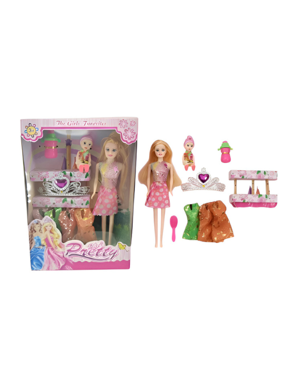 Pretty Girl Fashion Doll Playset with Mini Baby Doll, Sparkling Tiara, Extra Outfits & Accessories – LMI10119.
