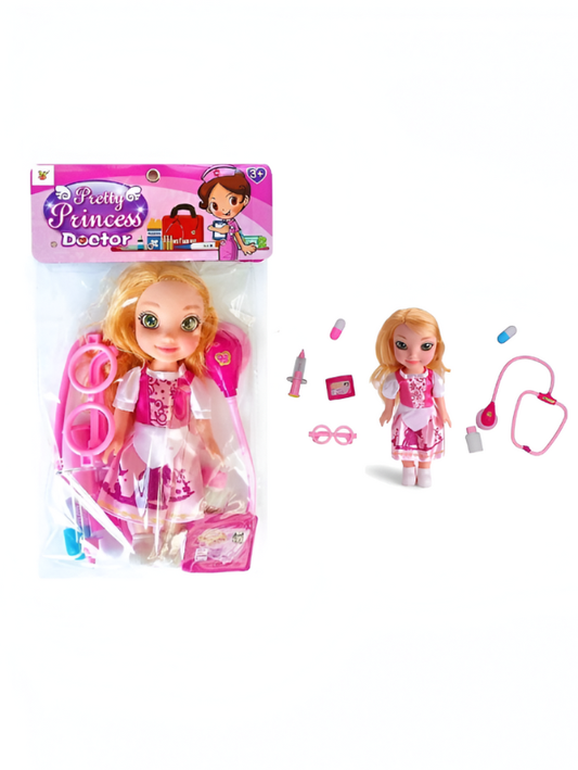 Pretty Princess Doctor Doll Playset for Kids – Blonde Girl Medical Toy Kit with Pink Stethoscope, Glasses & Syringe LMI11755.
