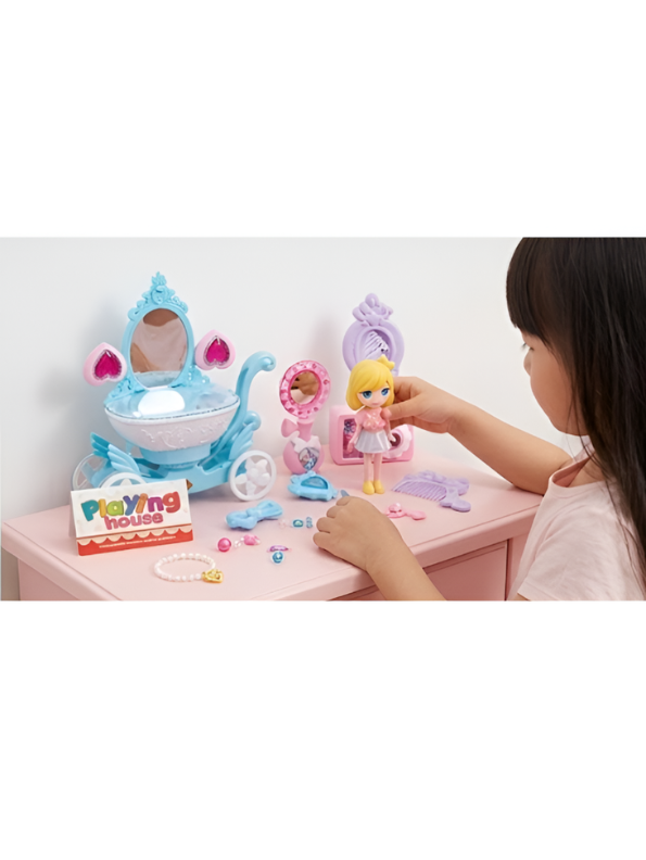 Princess Dressing Table & Carriage Vanity Set – Pretend Play Toy with Doll & Magic Accessories Blue NX15619.