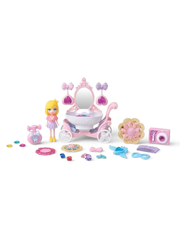 Princess Dressing Table & Carriage Vanity Set – Pretend Play Toy with Doll & Magic Accessories Blue NX15619.