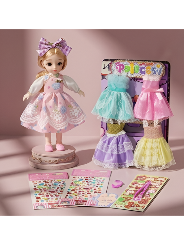 Princess Fashion Doll Playset with Changeable Outfits, Jewelry Making Kit & Gem Stickers for Kids LMI16866