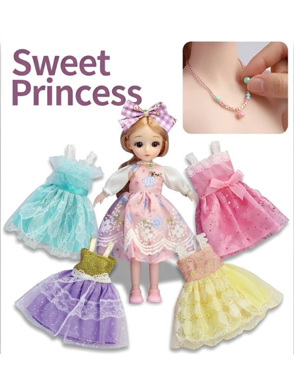 Princess Fashion Doll Playset with Changeable Outfits, Jewelry Making Kit & Gem Stickers for Kids LMI16866