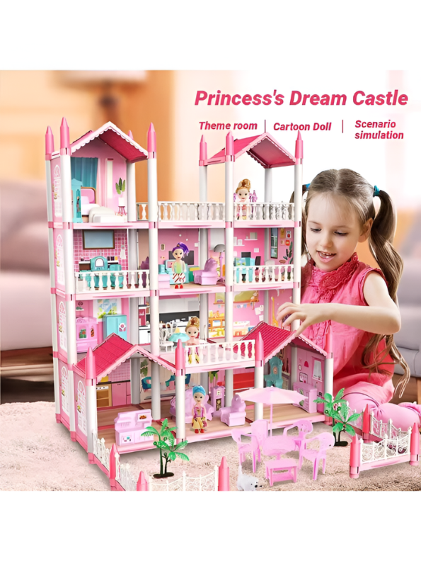 Princess’s Dream Castle Multi-Level Luxury Dollhouse Kit with Miniature Furniture, LED Light Effects, and Scenario Simulation Toys TV5833