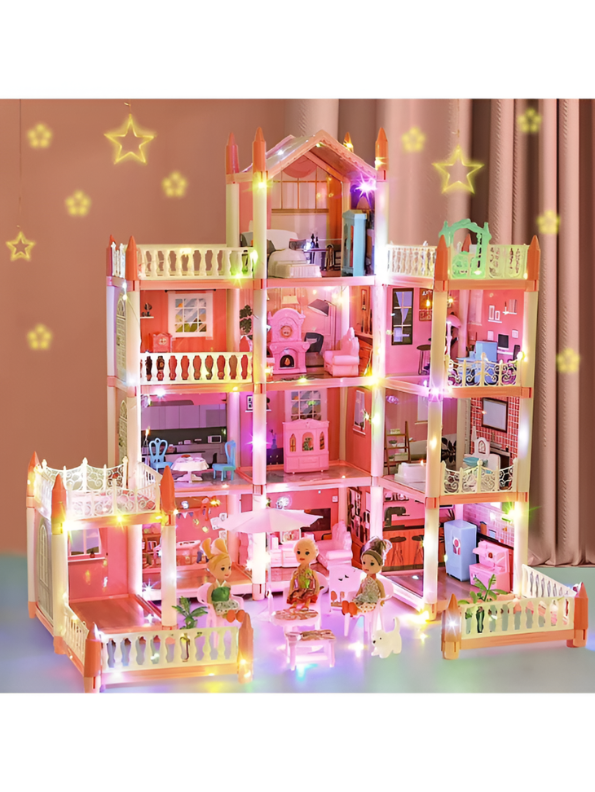 Princess’s Dream Castle Multi-Level Luxury Dollhouse Kit with Miniature Furniture, LED Light Effects, and Scenario Simulation Toys TV5833