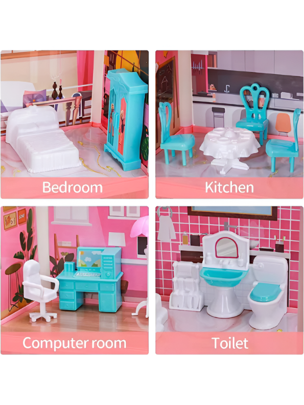 Princess’s Dream Castle Multi-Level Luxury Dollhouse Kit with Miniature Furniture, LED Light Effects, and Scenario Simulation Toys TV5833