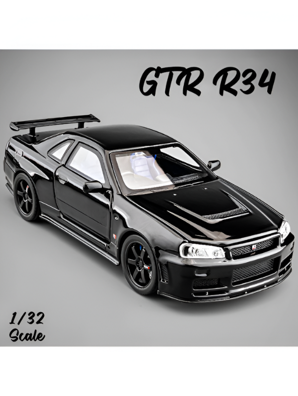 Black - Nissan Skyline GTR R34 - Premium Alloy Metal Diecast Sports Racing Car Model - Openable Doors & Pull-Back Action Scale 1:32 - TV5396.