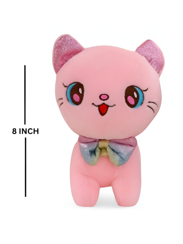 Adorable Pink Cat Soft Plush Toy 8 Inch | Sparkle Ears & Rainbow Bow | Perfect Gift LMI11596
