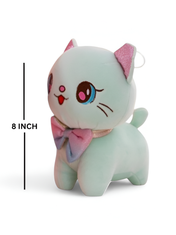 Adorable Green Cat Soft Plush Toy 8 Inch | Sparkle Ears & Rainbow Bow | Perfect Gift LMI11596