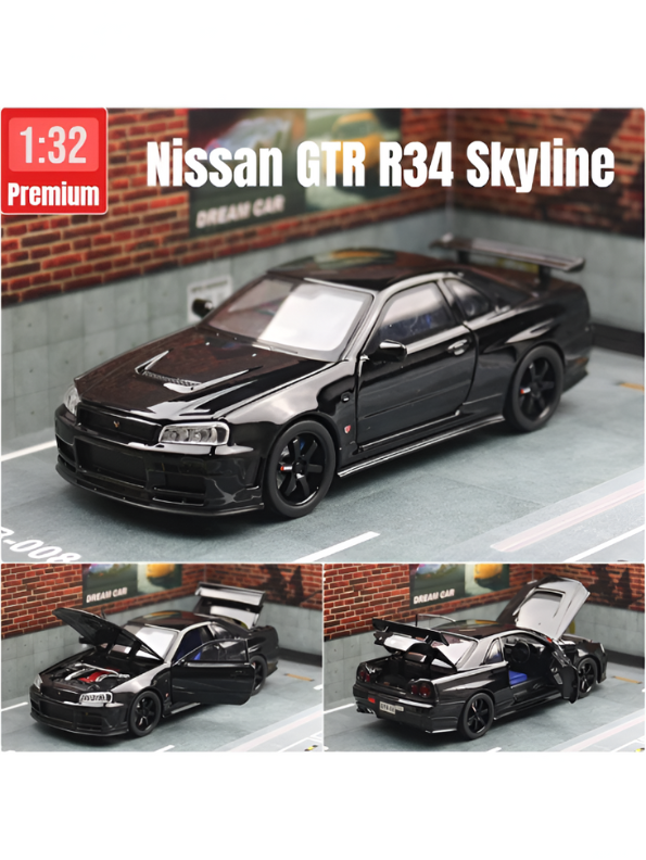 Black - Nissan Skyline GTR R34 - Premium Alloy Metal Diecast Sports Racing Car Model - Openable Doors & Pull-Back Action Scale 1:32 - TV5396.