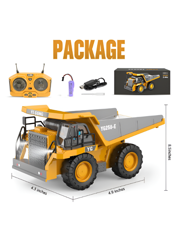 RC Construction Dump Truck 2.4G 9CH All-Terrain Remote Control Toy Vehicle - Metal Bed, 6lb Load, Lights & Audio TV7209