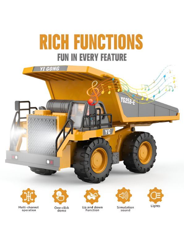 RC Construction Dump Truck 2.4G 9CH All-Terrain Remote Control Toy Vehicle - Metal Bed, 6lb Load, Lights & Audio TV7209
