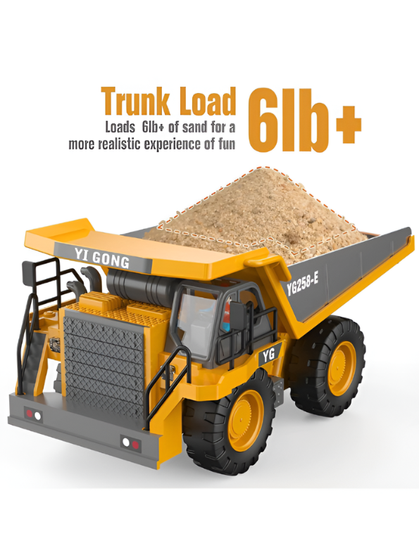RC Construction Dump Truck 2.4G 9CH All-Terrain Remote Control Toy Vehicle - Metal Bed, 6lb Load, Lights & Audio TV7209