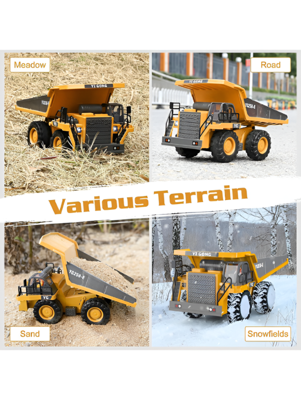 RC Construction Dump Truck 2.4G 9CH All-Terrain Remote Control Toy Vehicle - Metal Bed, 6lb Load, Lights & Audio TV7209