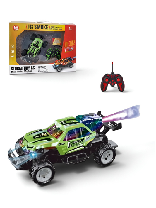 RC Green Spray Stunt Buggy – 1:18 Scale All-Terrain Remote Control Climbing Truck with LED Lights, Exhaust Mist Effect & USB Rechargeable Battery LMI16891