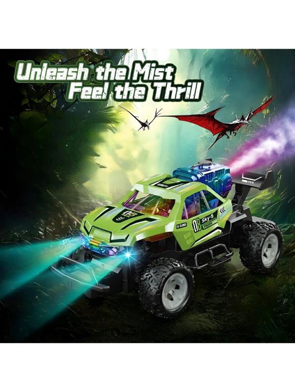 RC Green Spray Stunt Buggy – 1:18 Scale All-Terrain Remote Control Climbing Truck with LED Lights, Exhaust Mist Effect & USB Rechargeable Battery LMI16891