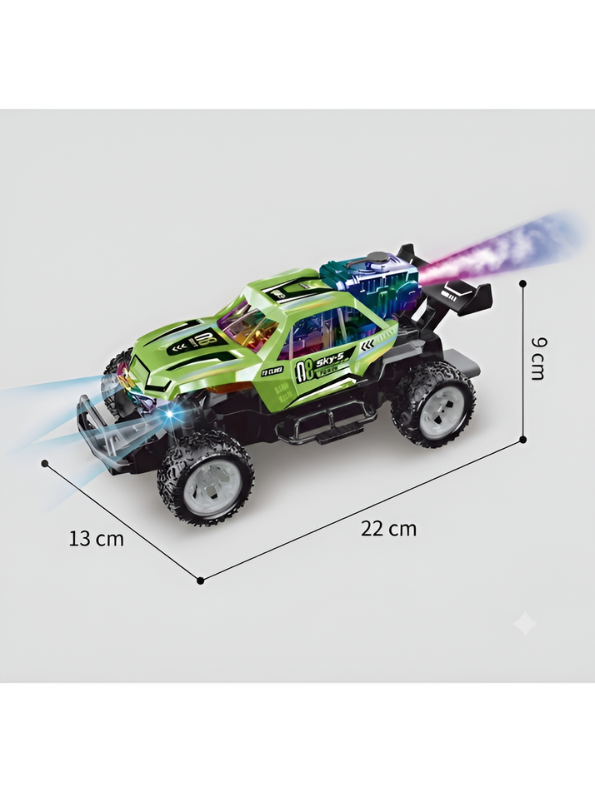 RC Green Spray Stunt Buggy – 1:18 Scale All-Terrain Remote Control Climbing Truck with LED Lights, Exhaust Mist Effect & USB Rechargeable Battery LMI16891