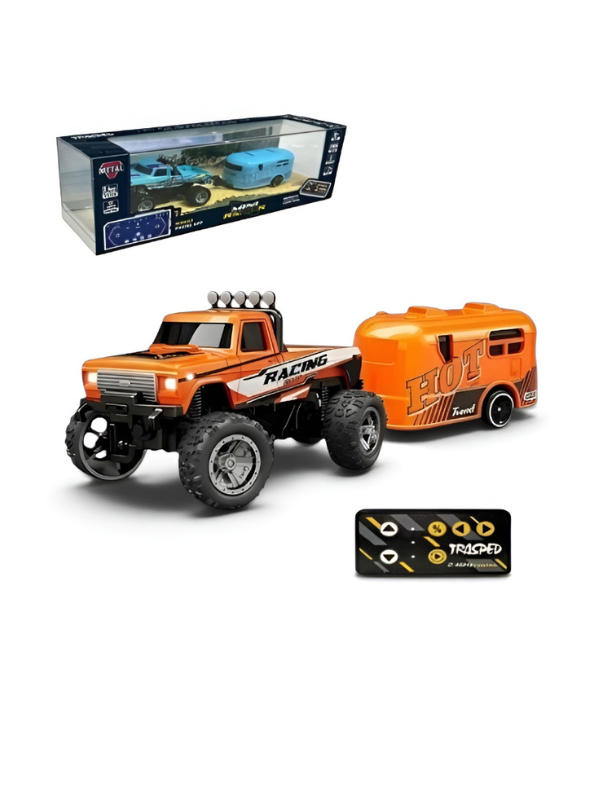 RC Monster Truck with Detachable Camper Caravan Trailer 1:64 Scale Orange with Acrylic Display Case MD571.
