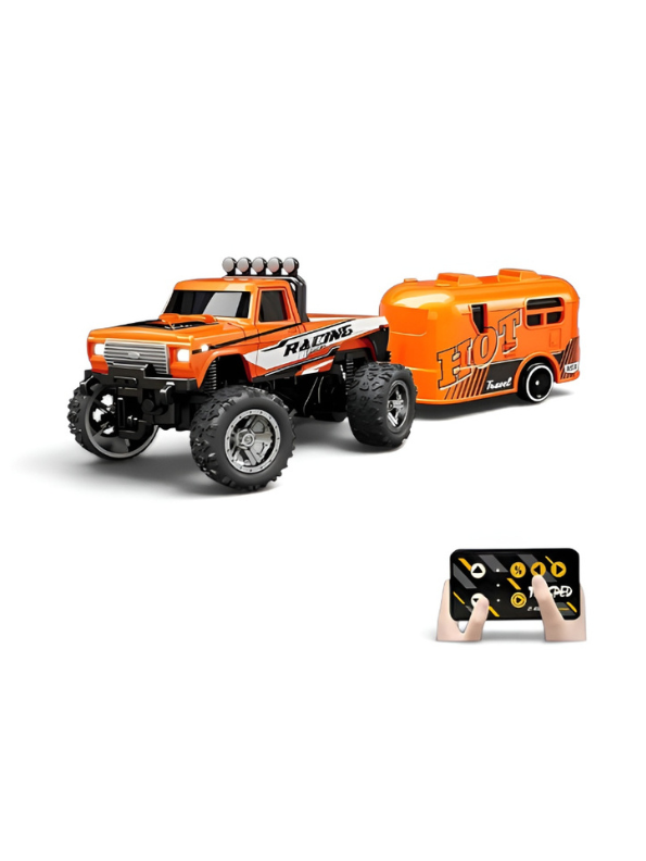 RC Monster Truck with Detachable Camper Caravan Trailer 1:64 Scale Orange with Acrylic Display Case MD571.